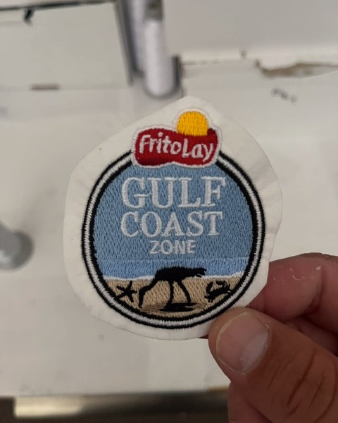 Frito-Lay Gulf Coast Zone sew-out sample stitched on white backing for distributor approval